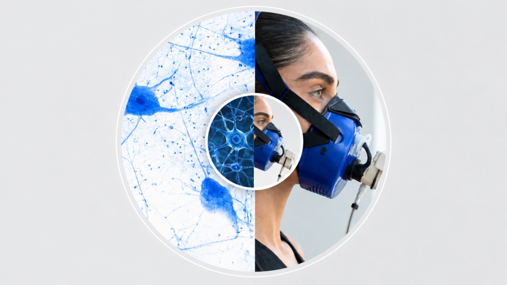 patient wearing pnoe's breath analysis mask during vo2 max lab test