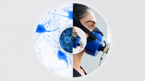 patient wearing pnoe's breath analysis mask during vo2 max lab test