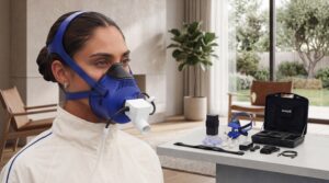 young woman wearing PNOĒ's breath analysis mask and getting ready to perform a vo2 max test at home