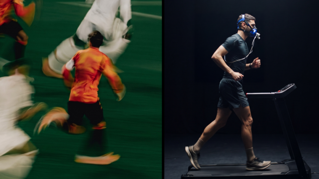 Soccer players sprinting during a match beside an athlete undergoing a VO2 max breath test, illustrating repeated sprint ability and aerobic capacity