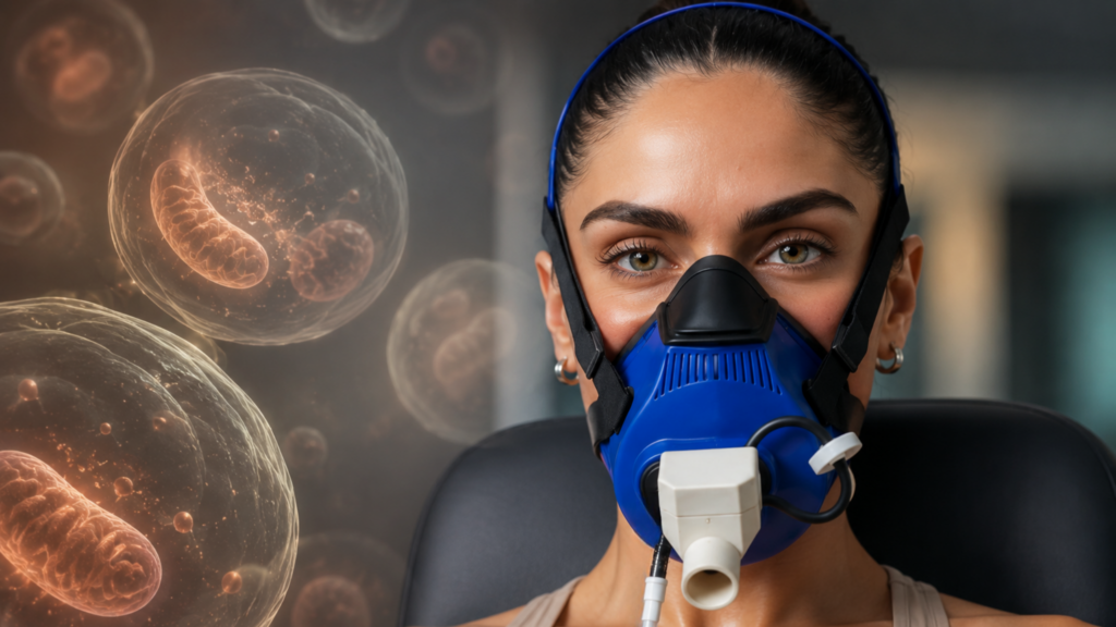mitochondrial health getting measured with PNOE - woman performing a resting metabolic rate test wearing PNOE's breath analysis mask