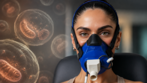 mitochondrial health getting measured with PNOE - woman performing a resting metabolic rate test wearing PNOE's breath analysis mask