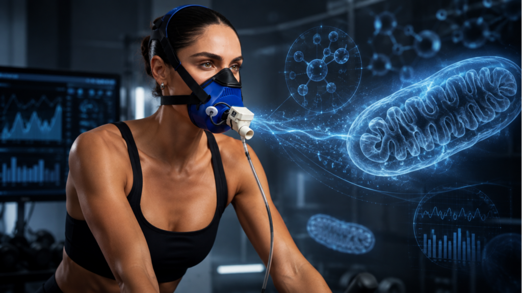 methylene blue effect getting measured with PNOE's breath analysis. while woman is doing an active metabolic rate test on the treadmil