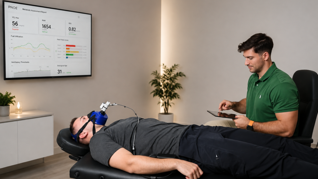 practitioner performing a resting metabolic rate test on patient with PNOE's breath analysis - real life example of metabolic testing implementation