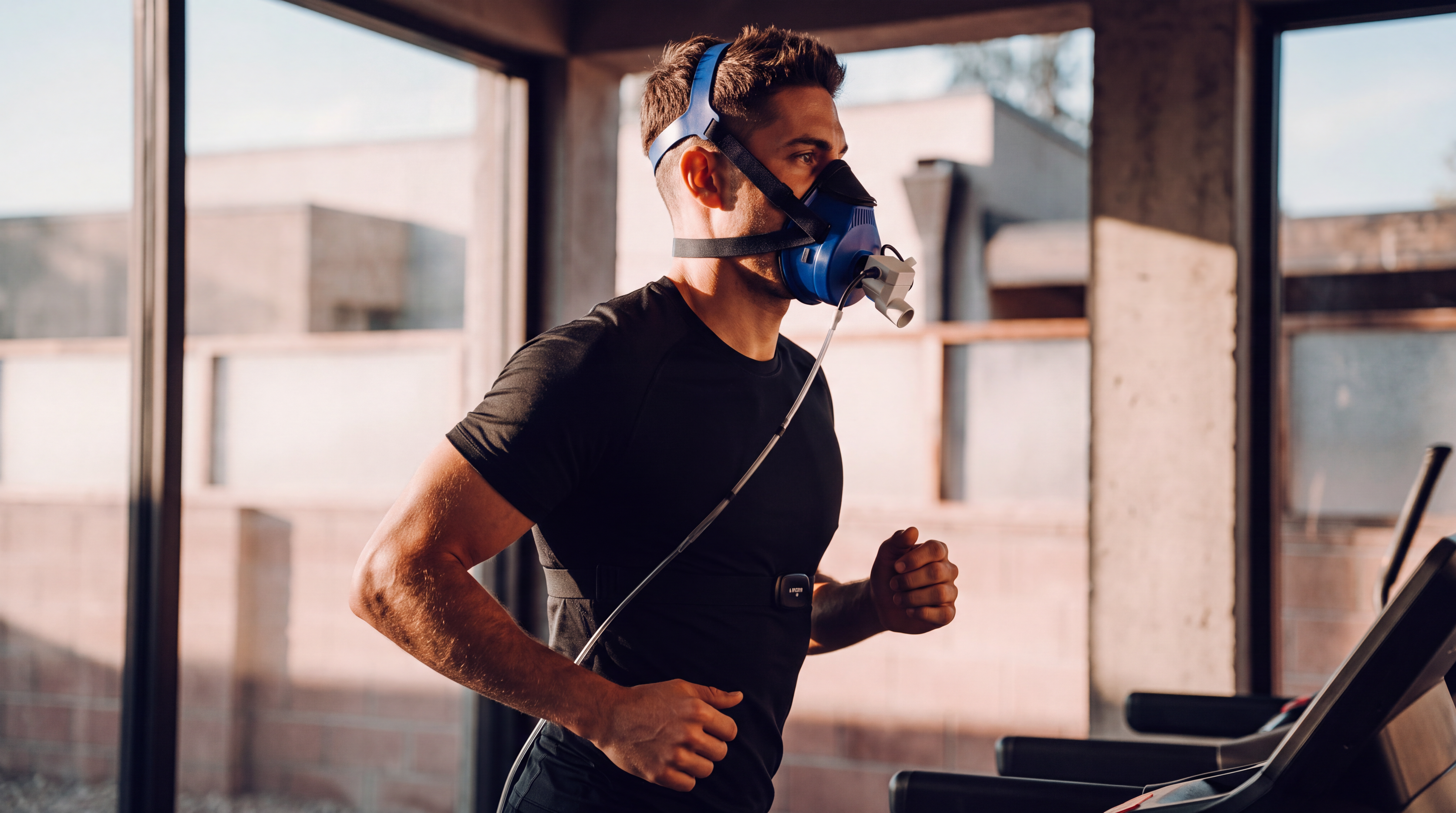 Client completing an active metabolic testing protocol on a treadmill with PNOE's breath analysis mask