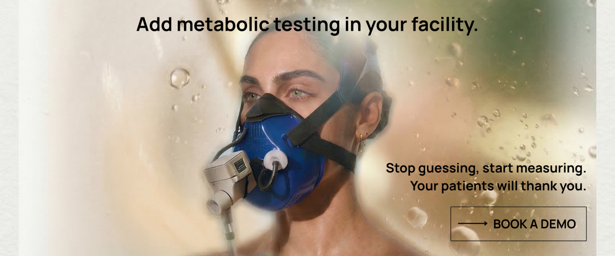 add metabolic testing in your facility banner with woman wearing pnoe breath analysis mask